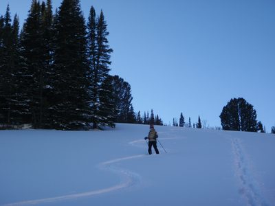 Monica going down the ski trail pretending she's a skier.