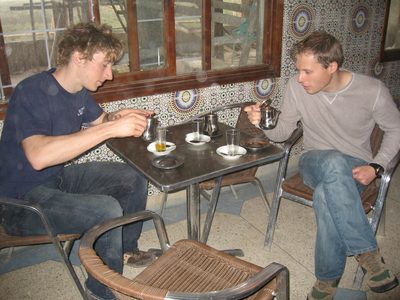Trevor and John drinking mint tea in a town in the...