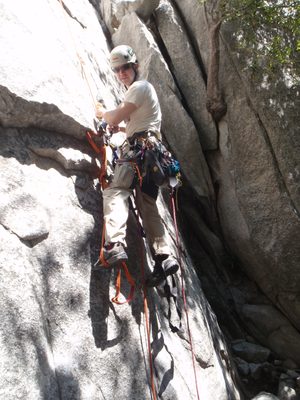 When aid climbing, using gear and ropes to make upward...