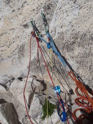 Anchor setup for hauling at the top of pitch 2. There...