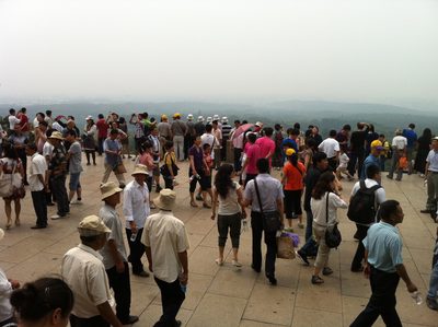 Tourists enjoying the view of smoggy Nanjing.