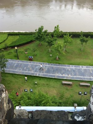 Looking down on the outside of the city wall.
