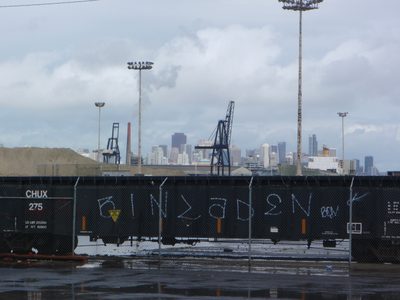 Interesting tagger handle.  View of downtown from Pier 98.