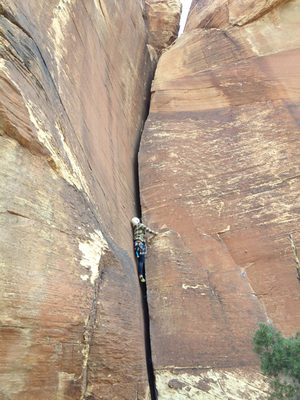 John on lead looking up at the footstack crux of Chrysler Crack.