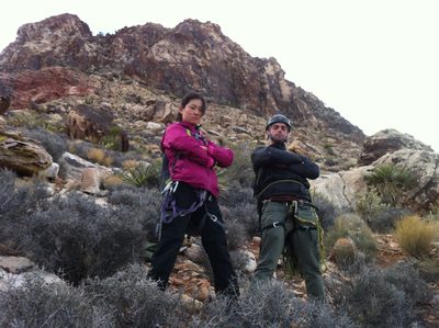 Monica and Alex looking tough... our climb is in the...