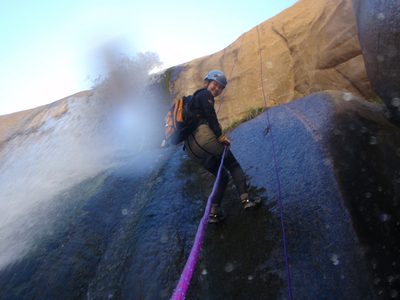 Monica rappelling into the Swirling Whirlpool of Death.