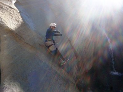 Catherine doing the power slide, with God beams coming...