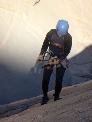 This last rappel was a little tricky because it required...