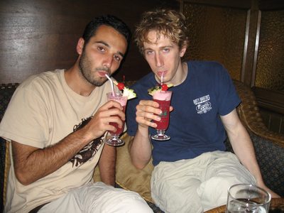 Jamie and Trevor in the Raffles Hotel.