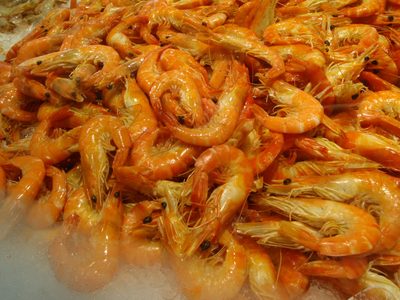 Cooked whole shrimp for sale at the Sydney Fish Market.