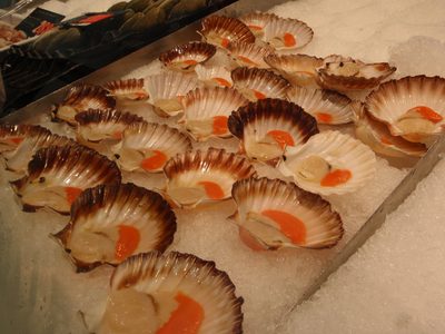 Scallops served on the half shell.  For sale at the...