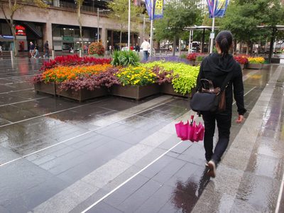 Monica walking through the gardens in front of the...