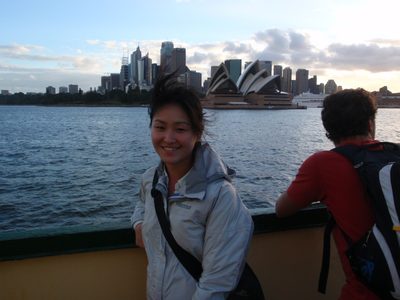 Monica on the ferry back from Manly, with the opera...