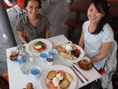 Louise and Monica at breakfast at the Boy Charlton Pool....