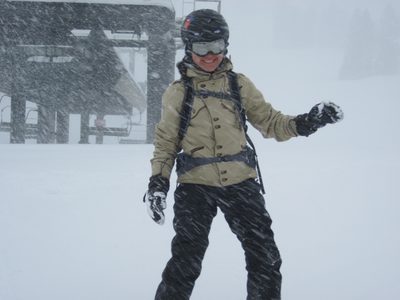 Snowboarding in the snowstorm.
