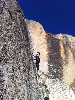 Monica climbing Clean Corner, a fun 5.8 warmup. 