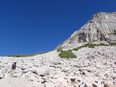 Lots of scree and talus above the steep slabs that drop...