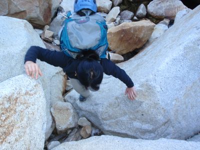 Boulder hopping in Lost Valley.  Lost Valley is named...