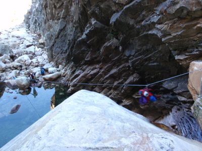 We constructed a rudimentary zip line, anchored at the...