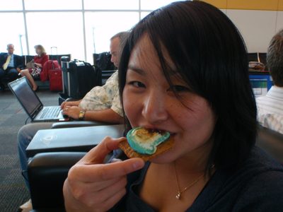 Monica enjoying a smeep at Oakland International.