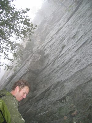 Mike sorting gear before our climb of Minty (5.3).