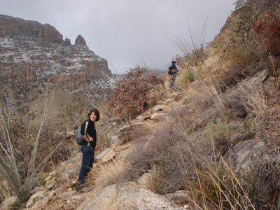 Emily, hiking despite some light hail/snow.