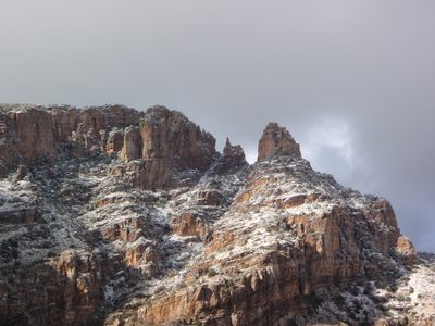 Finger Rock in the snow and sunlight.