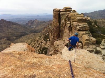 I give Ian a belay out to the edge of Swim Fin to set up...