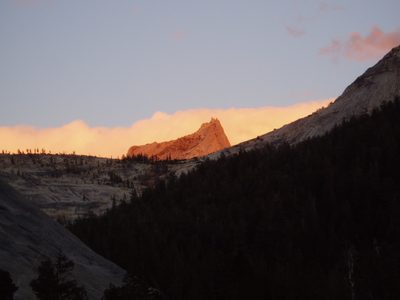 11,000 ft. Cathedral Peak looming over Tuolumne, with alpenglow.
