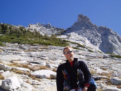 John with Eichorn's Pinnacle (right) and Cathedral Peak...