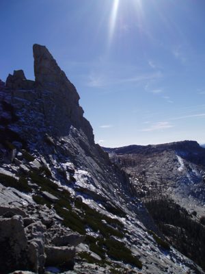 Eichorn's Pinnacle.  Note snow on northern facing (near) flank.