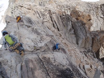 Downclimbing a tricky part.