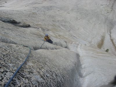 Monica belaying as I climb the second pitch of Left Water Crack.