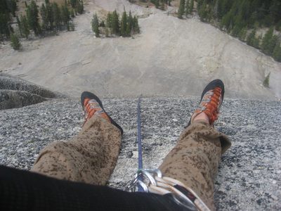 At the final belay ledge (Monica now out of sight). And...
