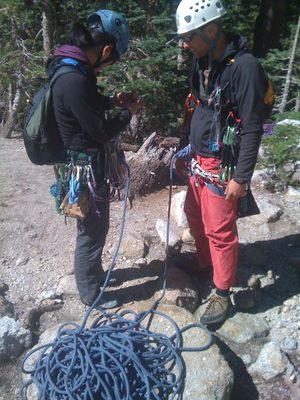 John and Monica Tying in and sorting gear.