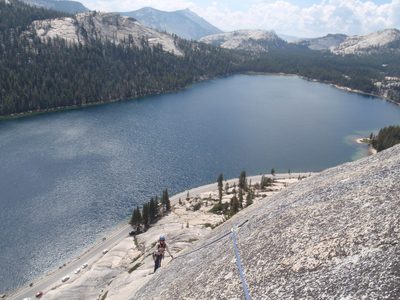 Monica climbs The Boltway (5.8) on Stately Pleasure Dome...