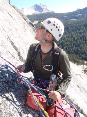 John belaying Monica, leading the fourth pitch of West...