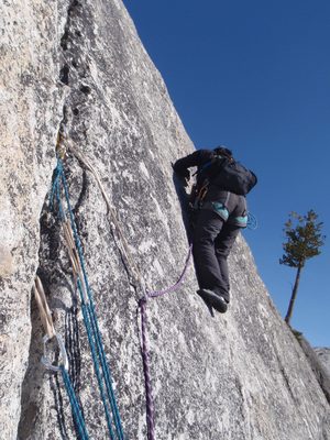 Monica placing some gear on the fourth pitch of West...