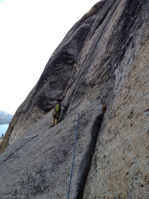 Monica on the 5.7 no-pro traverse on pitch 4.