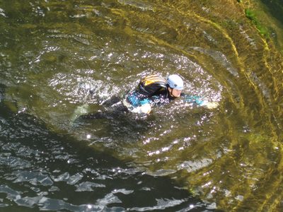 Monica swimming for land.