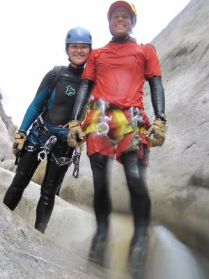 Monica and John, at the top of the rappel through the waterfall. 