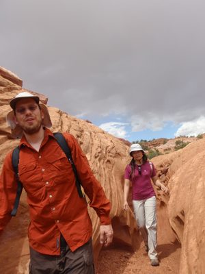 Joel and Turtle, hiking under an ominous sky.