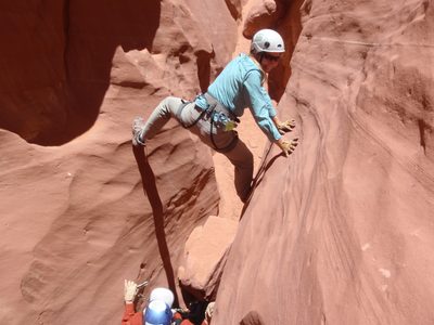 Meredith finding a way to move down canyon. Joel below.