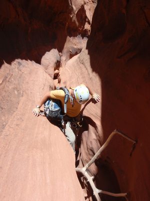 Andy, downclimbing past an obstacle.