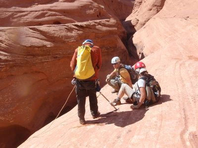 Setting up a rappel on a fixed line to avoid the keeper pothole.