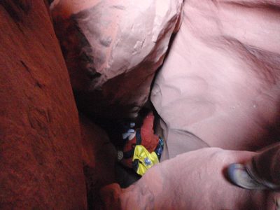 Squeezing into a particularly tight section. It didn't...