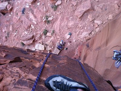 John from the belay ledge/stance at the top of Pitch 1...