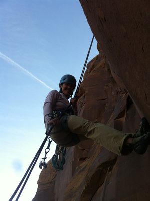 Monica rappelling down our last route of the day.