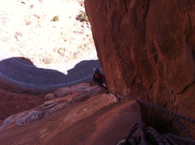 Monica past the crux on pitch 1 of Right Chimney, Three Penguins.