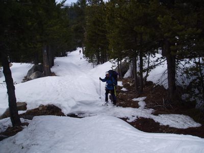 Glenda, crossing one last snow-less patch on the ski...